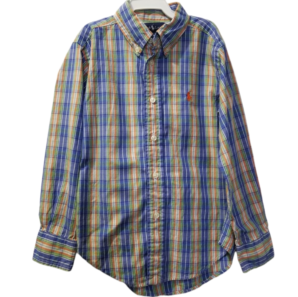 Ralph Lauren Polo Boys Size 4 Blue Plaid Dad Shirt Button Long Sleeve Preppy‎